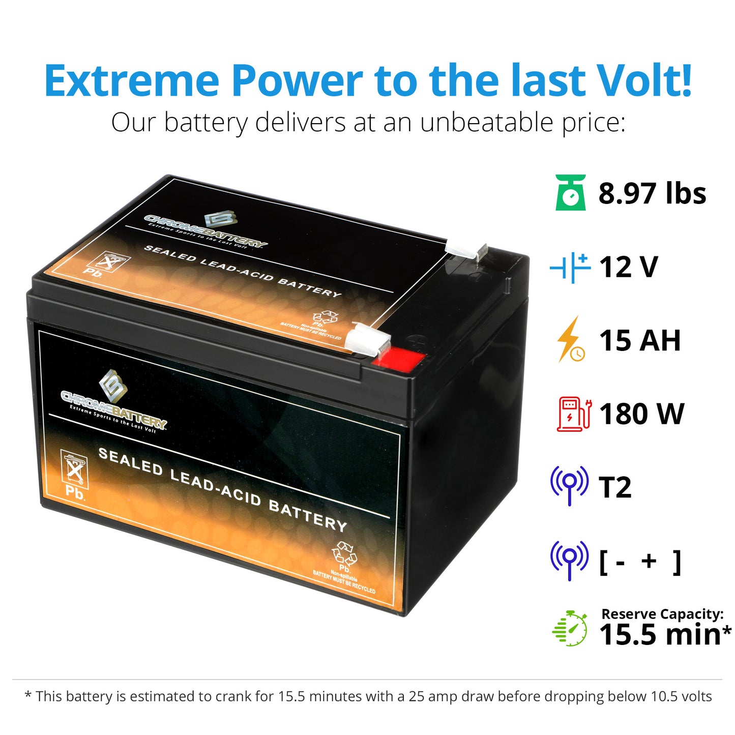 12V 15AH Sealed Lead Acid (SLA) Battery - T2 Terminals