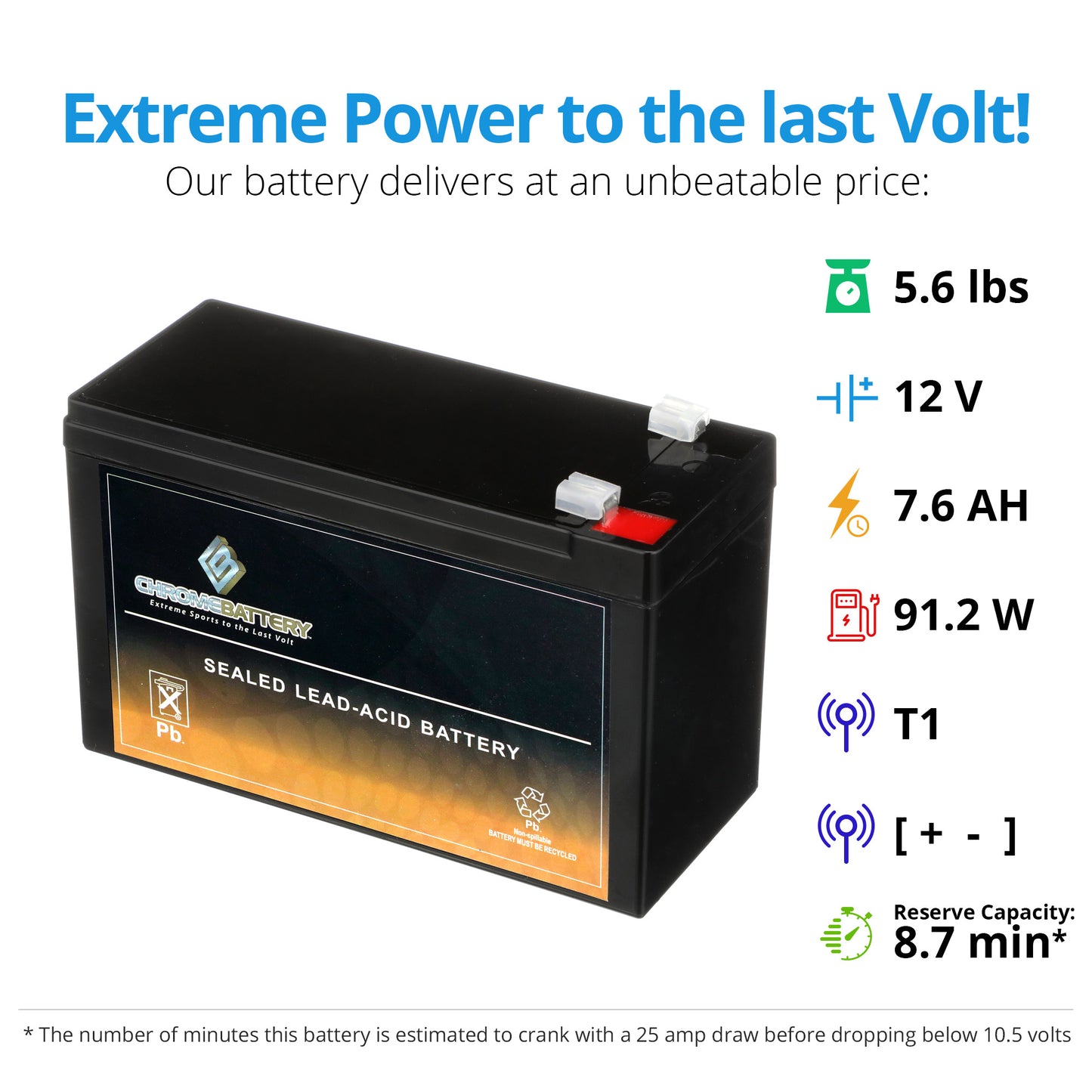 12V 7.6AH Sealed Lead Acid (SLA) Battery - T2 Terminals