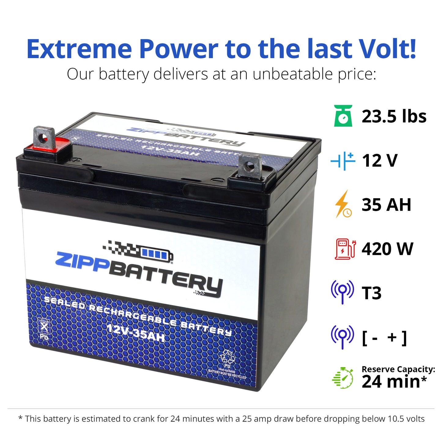 Zipp Battery 12V 35AH Sealed Lead Acid (SLA) - Nut and Bolt Terminals