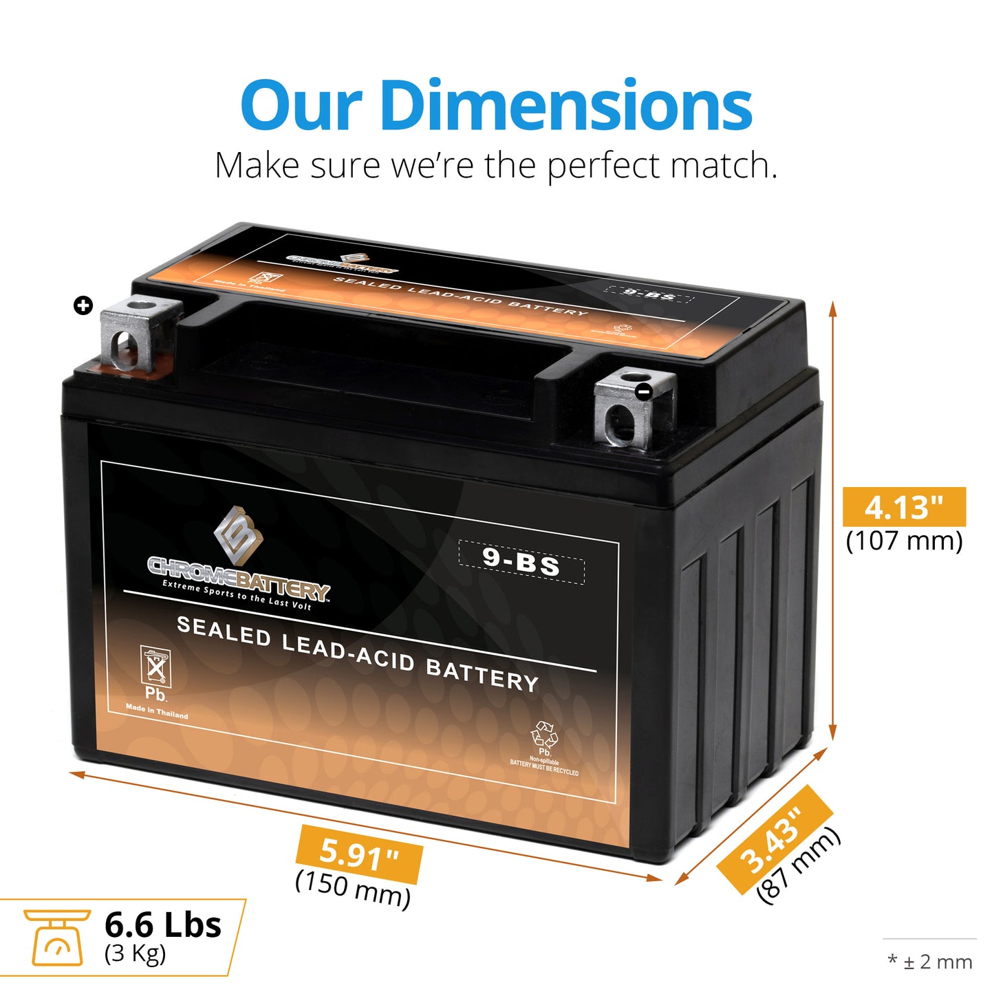 Chrome Battery 9-BS Maintenance-Free 12V 10Ah Battery Replacement for ATV, Motorcycle, Jet Skis, Scooter, UTV, and More - Nut and Bolt (T3) Terminal