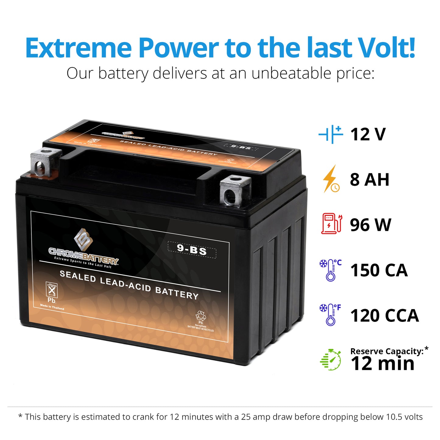Chrome Battery 9-BS Maintenance-Free 12V 10Ah Battery Replacement for ATV, Motorcycle, Jet Skis, Scooter, UTV, and More - Nut and Bolt (T3) Terminal