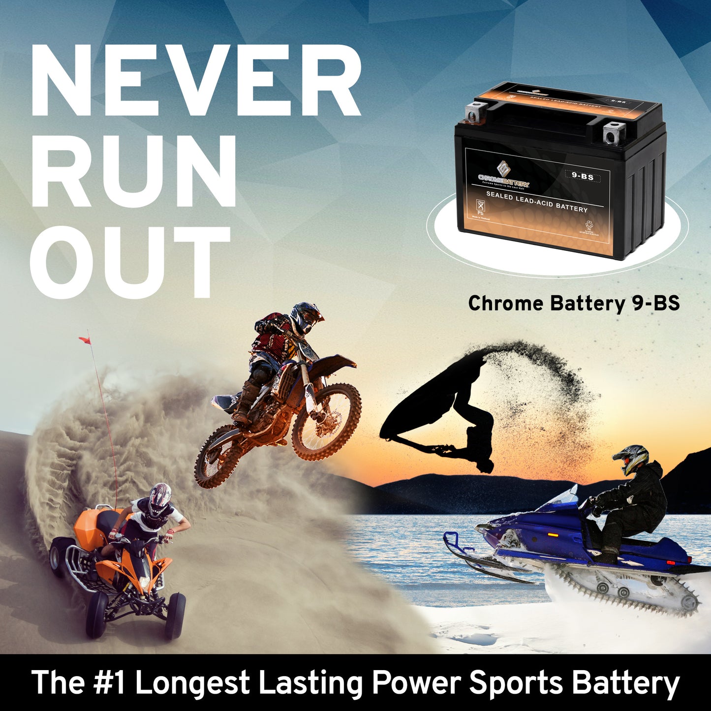Chrome Battery 9-BS Maintenance-Free 12V 10Ah Battery Replacement for ATV, Motorcycle, Jet Skis, Scooter, UTV, and More - Nut and Bolt (T3) Terminal