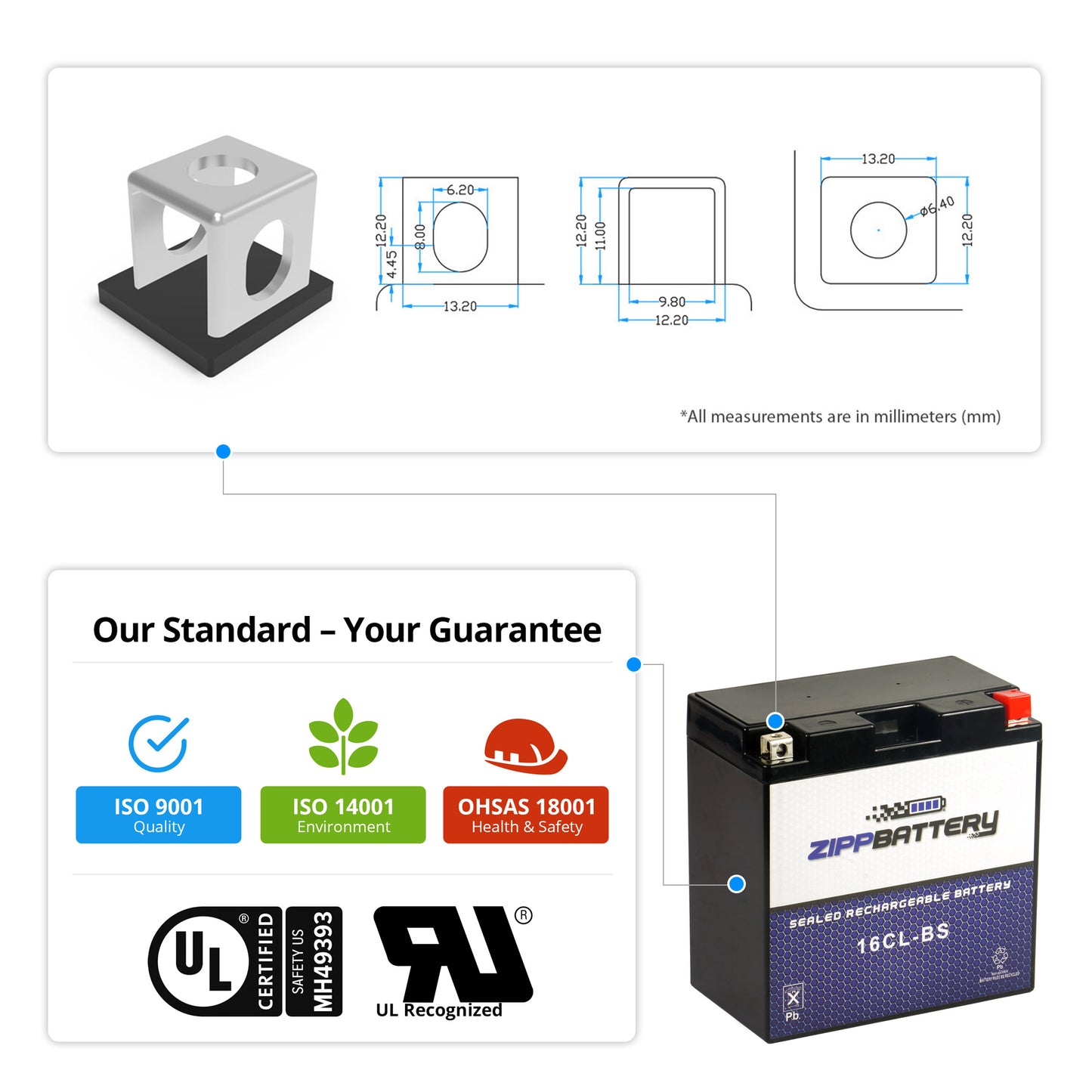 YB16CL-BS High Performance Power Sports Battery