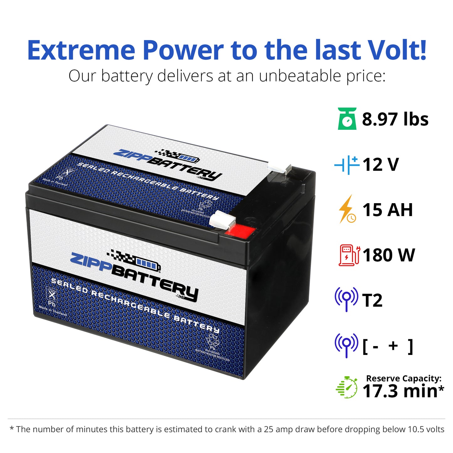 12V 15AH Sealed Lead Acid (SLA) Battery - T2 Terminals