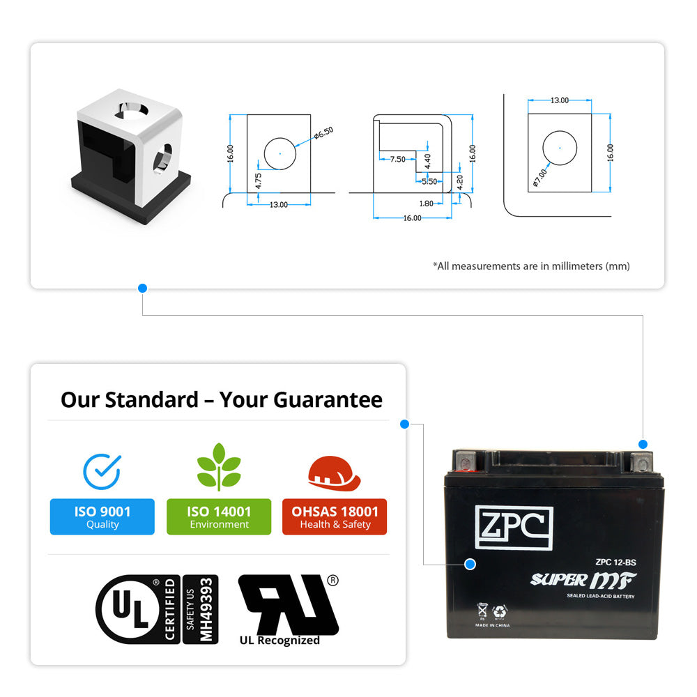 ZPC YTX12-BS High Performance AGM Power Sports Battery