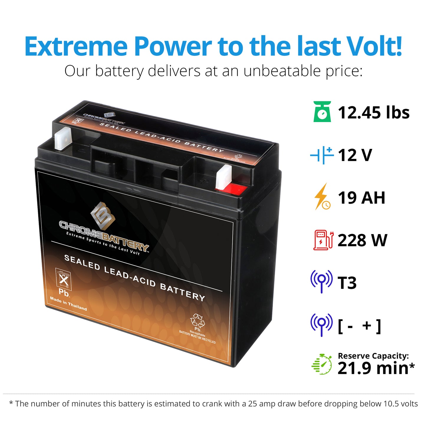 12V 19AH Sealed Lead Acid (SLA) Battery - T3 Terminals