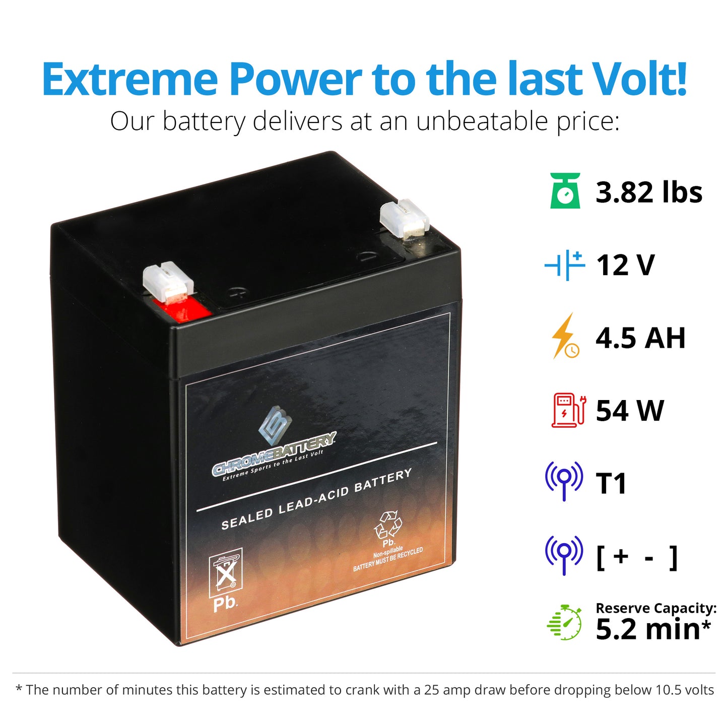 12V 4.5AH Sealed Lead Acid (SLA) Battery - T1 Terminals