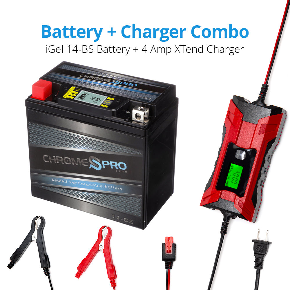 YTX14-BS iGel powersport battery with 2/4 amp smart battery charger- Bundle of 2 items