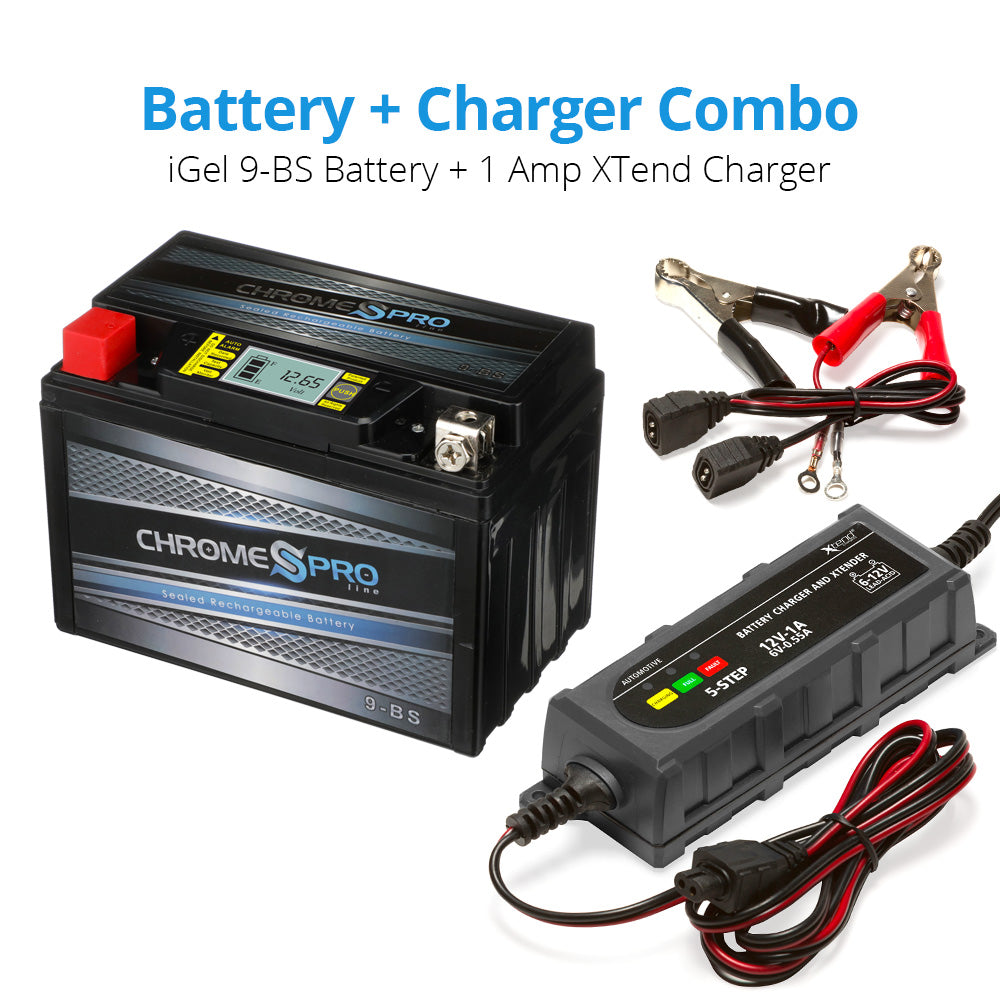 YTX9-BS iGel Powersport Battery with 1 amp Smart Battery Charger- Bundle of 2 items