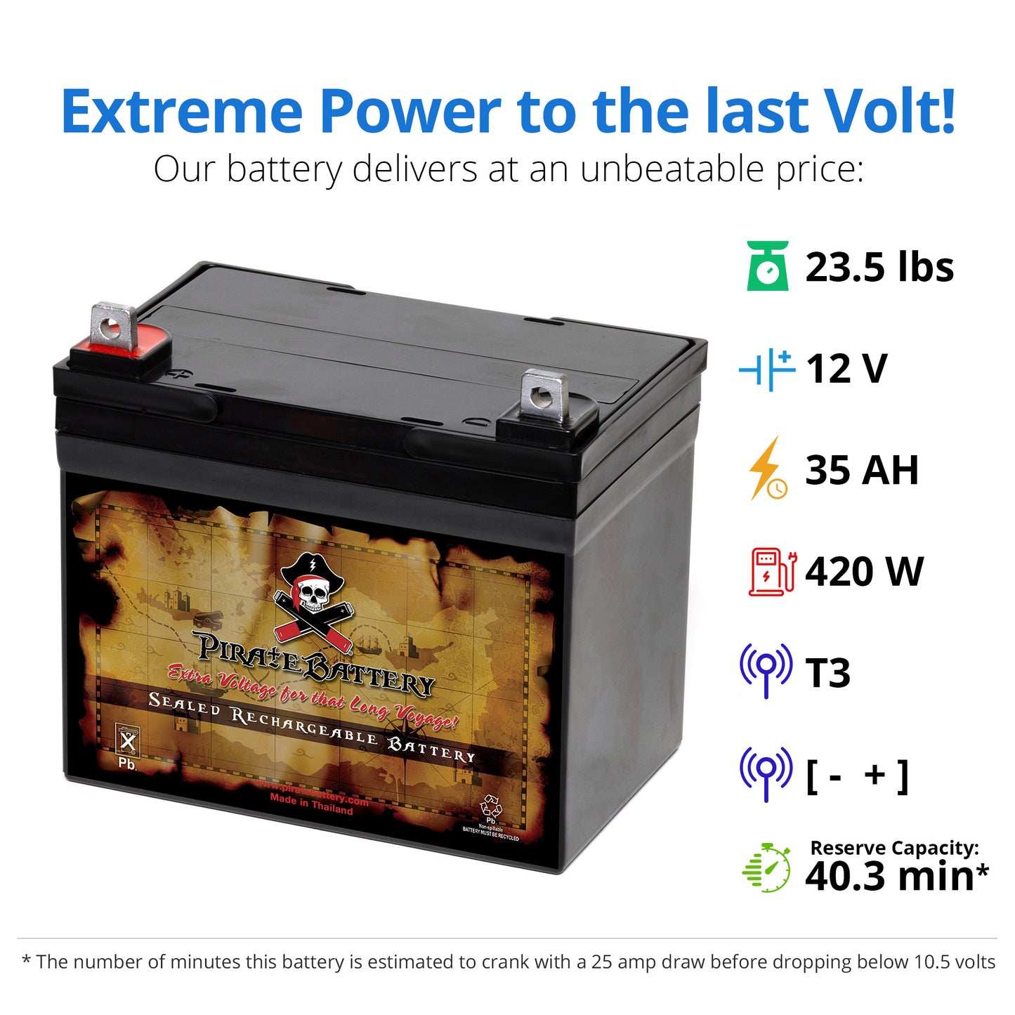 Pirate Battery 12V 35AH Sealed Lead Acid (SLA) - Nut and Bolt Terminals