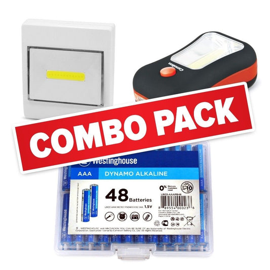 Everyday Household Combo Pack- Includes 48AAA Alkalines, 2 in 1 Flashlight, and Multipurpose Flashlight